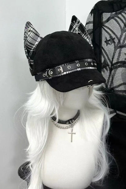 Y2K Gothic Punk Devil Ear Leather Buckle Cross Black Beret Hat