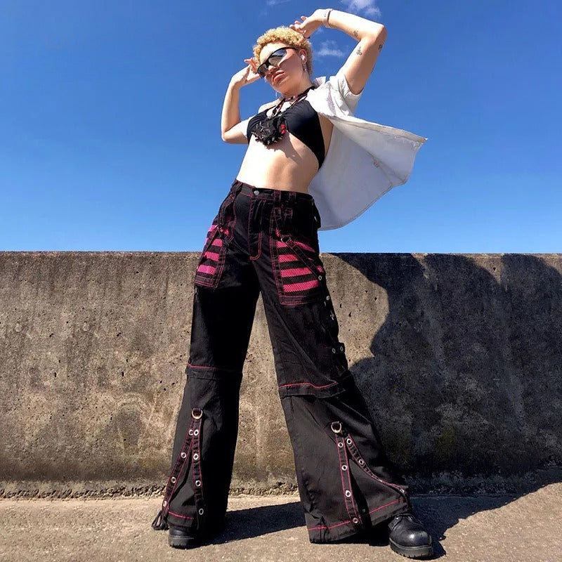 Black Red Contrast Studded Cargo Pants