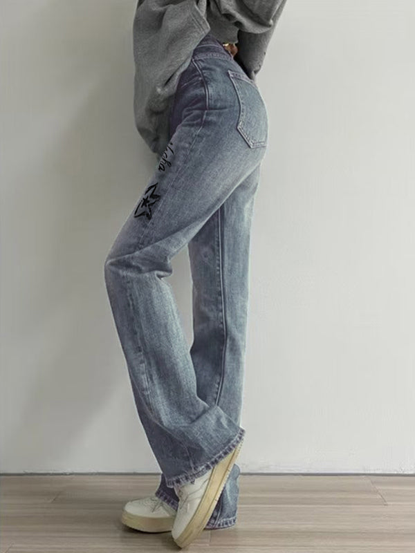Star Letter Graffiti Print Flare Jeans