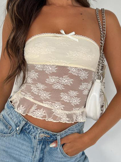 Lace Mesh Splice Lettuce Hem Bandeau Top