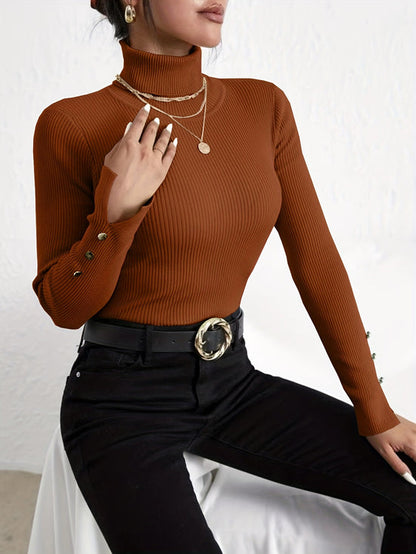Suéter moderno de cuello alto ajustado en color liso con botones para mujer | Ideal para otoño/invierno