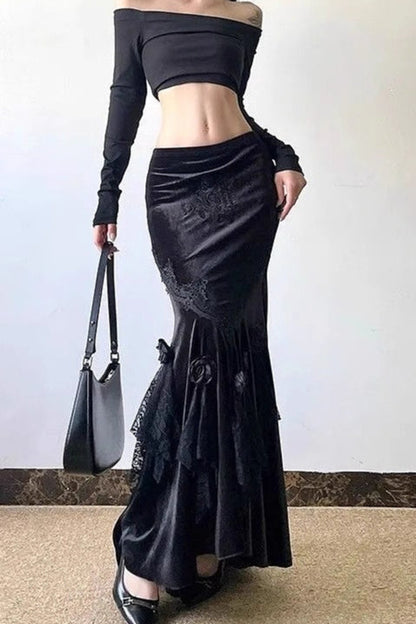 Gothic Embroidered Black Velvet Mermaid Skirt