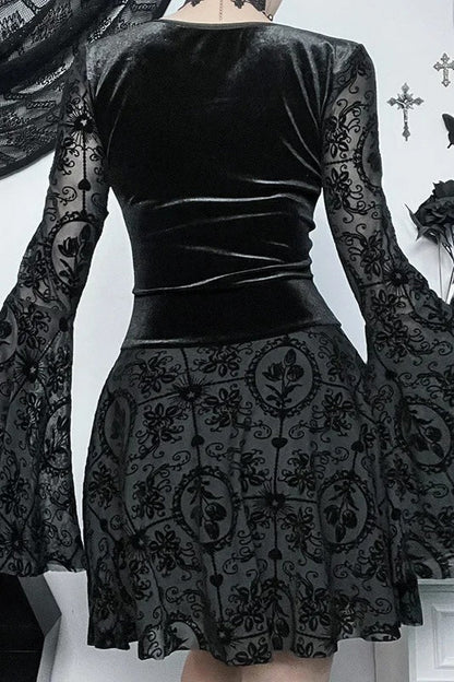 Dark Velvet Gothic Flare Sleeve Bandage Vintage Mini Dress
