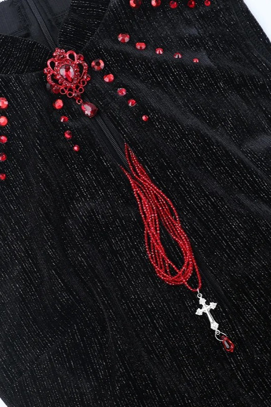 Dark Gothic Vintage Rhinestone Velvet Maxi Dress