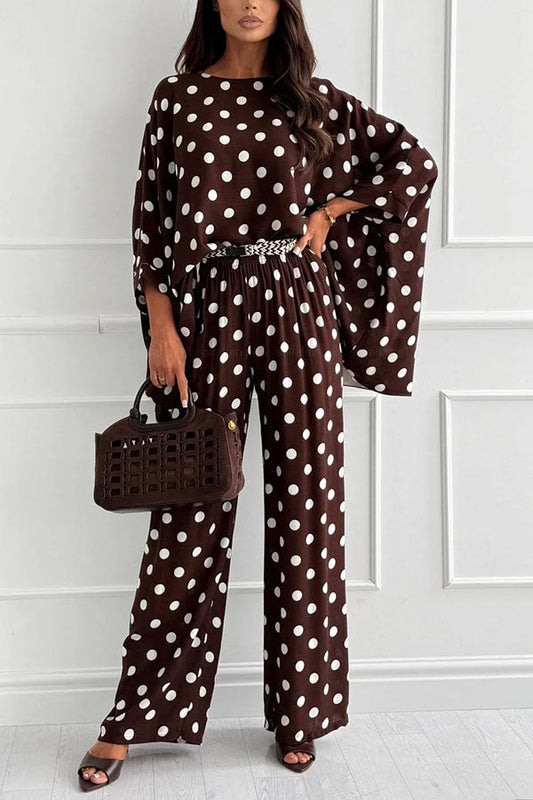 Verne Linen Blend Polka Dot Batwing Sleeve Top and Elastic Waist Pocket Loose Pants Set