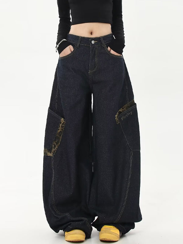 American Retro Leopard Print Stitching Boyfriend Jeans