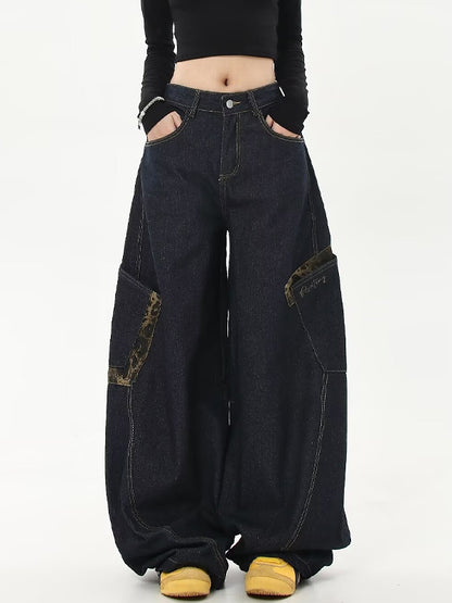 American Retro Leopard Print Stitching Boyfriend Jeans
