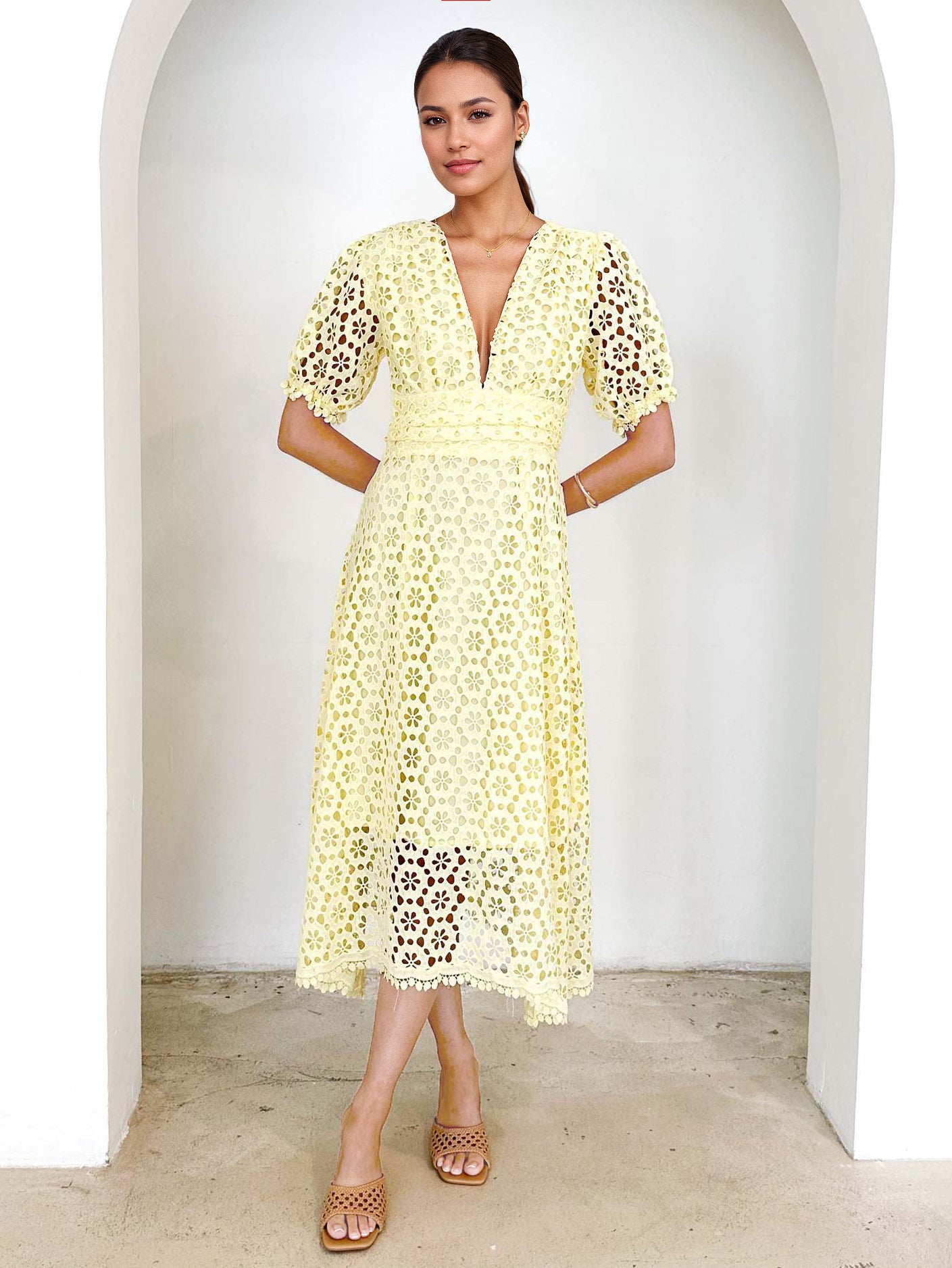 Lace Dress V-neck Puff Sleeve A-line Midi Dress For Women 2026
