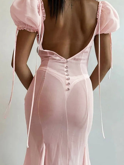 French Chiffon Splice Lace Up Backless? Midi Dress