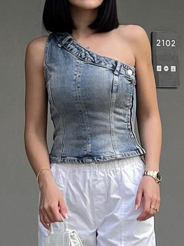 Vintage Denim One Shoulder Slim Bandeau Top
