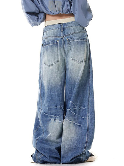 Retro Washed Lightning Pattern Deconstruction Boyfriend Jeans