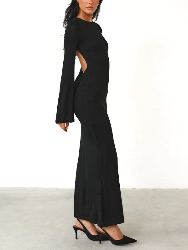 Solid Backless Trumpet Sleeve Maxi Dress
