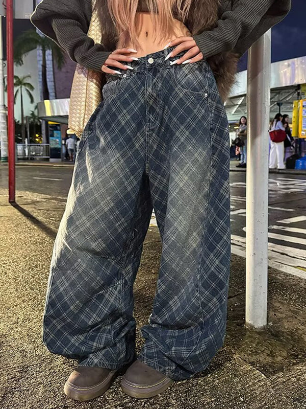 Stripe And Check Print Women'S Jeans
