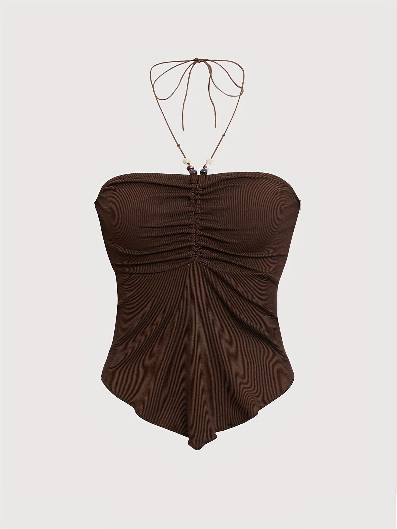 Solid Color Stretchy Polyester Blend Halter Neck Top - Y2K-Inspired Beaded Detail, Perfect for All Seasons