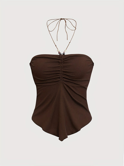 Solid Color Stretchy Polyester Blend Halter Neck Top - Y2K-Inspired Beaded Detail, Perfect for All Seasons