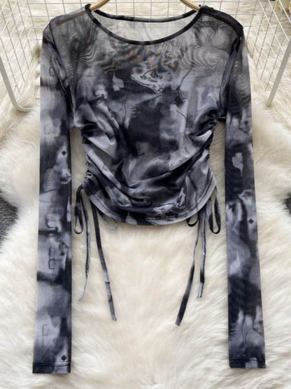 Cyber Tie Dye Drawstring Slim Long Sleeve Mesh Top