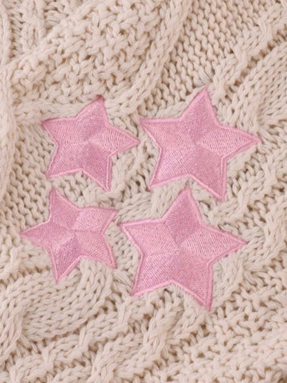 Contrast Trim Star Embroidery V Neck Cardigan