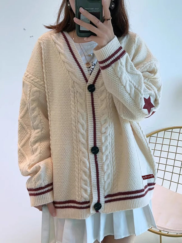 Oversize Star Embroidered Cable Knit Cardigan