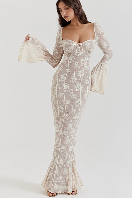 Lace Strapless Flare Sleeve Backless Bodycon Maxi Dress