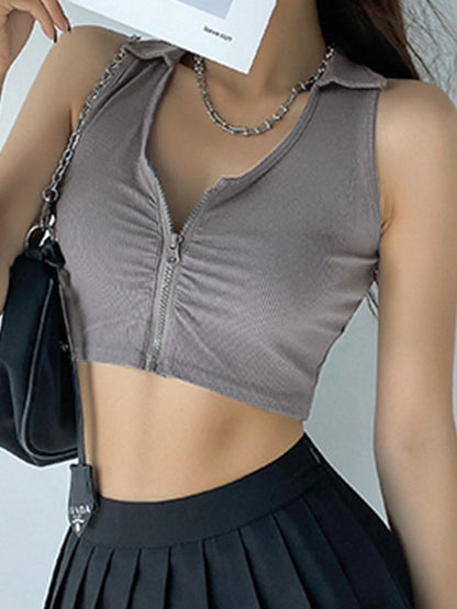 Zip Up Ribbed Cropped Tank Top