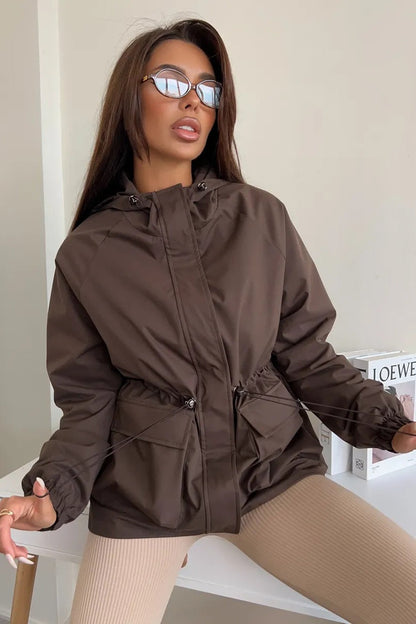 Waterproof Hooded Drawstring Loose Casual Outdoor Hiking Jacket