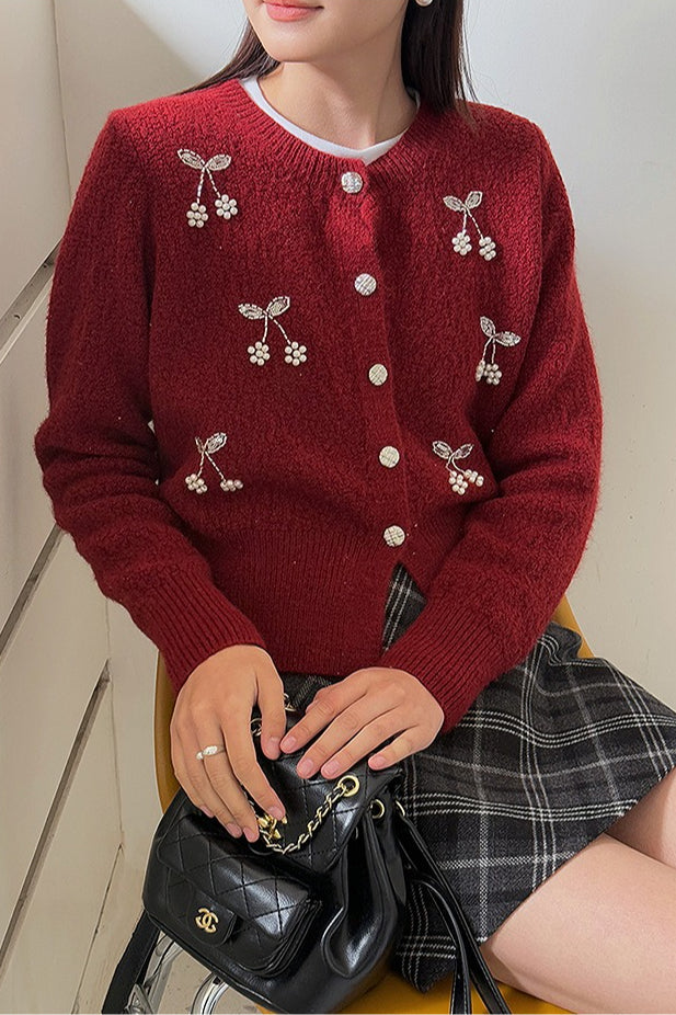Embroidered 3D Cherry Knit Cardigan