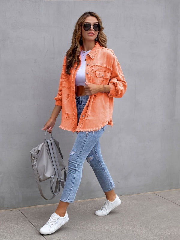 Multicolor Raw Hem Denim Jacket