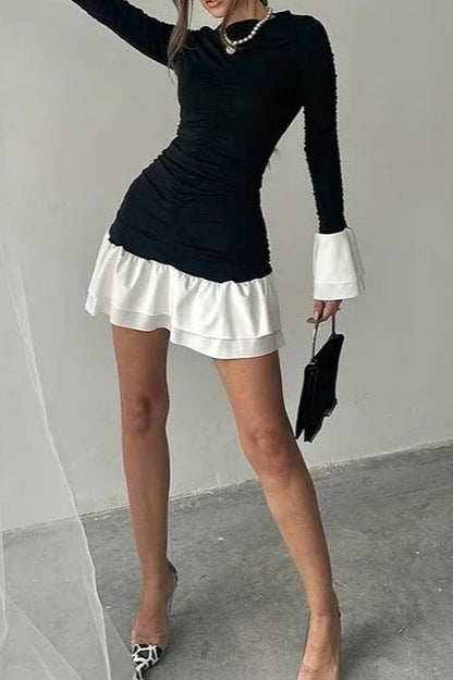 Contrast Ruffled Ruched High Waist Slim Mini Dress