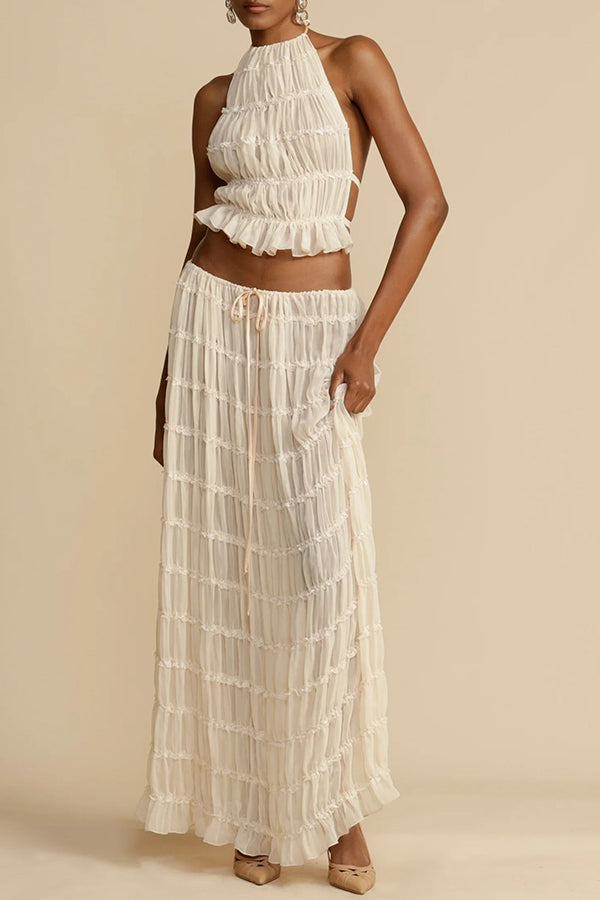 Versatile retro charm pleated drawstring waistline long skirt set