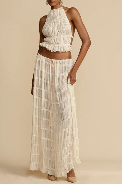 Versatile retro charm pleated drawstring waistline long skirt set