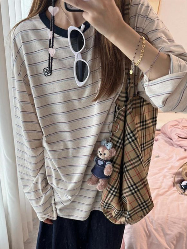 Stripe Print Oversized Long Sleeves Tee