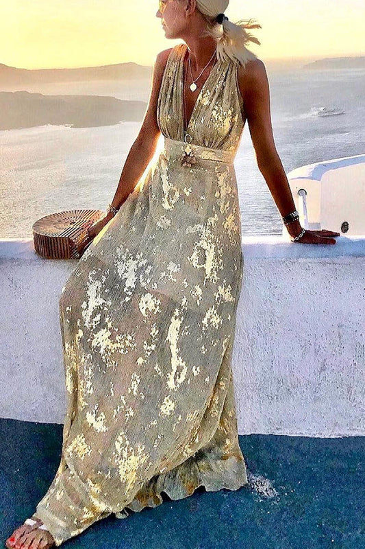 Vacation style waist shaping slim figure party sexy V-neck long dress