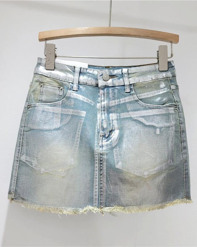 A-Line Hot Stamping High-Waist Hip-Hugging Denim Skirt
