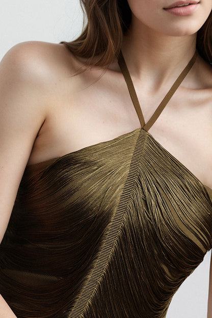 Fringe Halter High Slit Maxi Dress