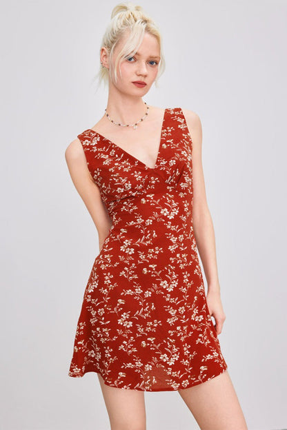 Elegant Floral Print Deep V Mini Dress