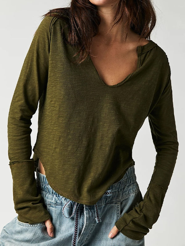Solid Notch Neck Long Sleeve Tee