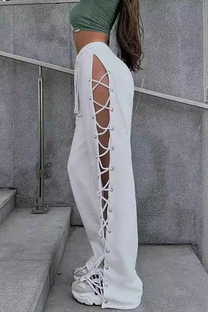 Casual Side Slit Tie Cutout Wide Leg Pants