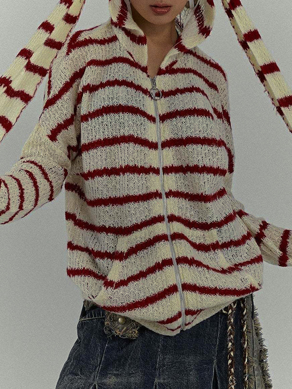 Rabbit Ear Styling Hooded Stripe Cardigan