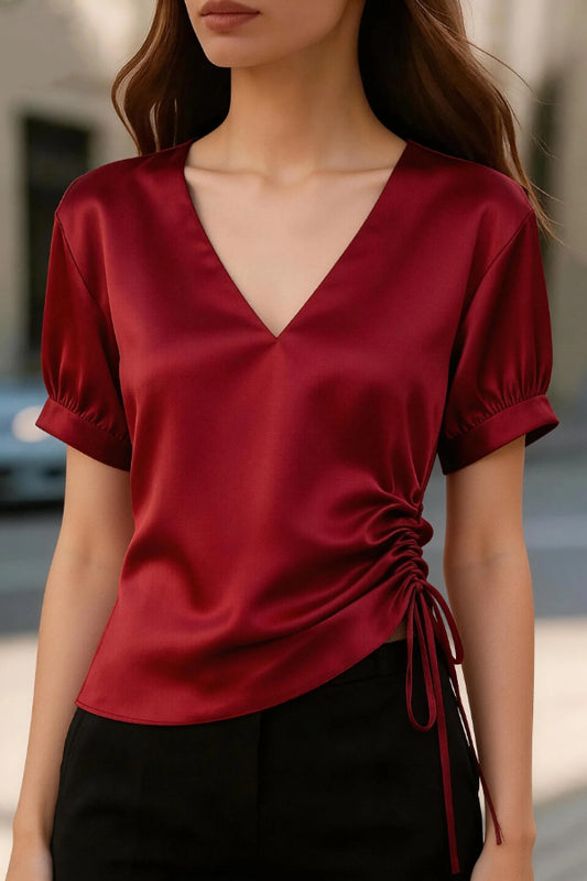 Solid Color Satin V-neck Short-sleeved Side Waist Ruching Casual Top
