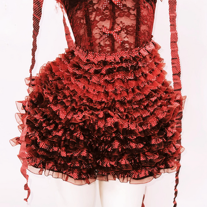 Bowknot ruffle polka dot v neck cami mini skirt set  | Festival Outfits Women