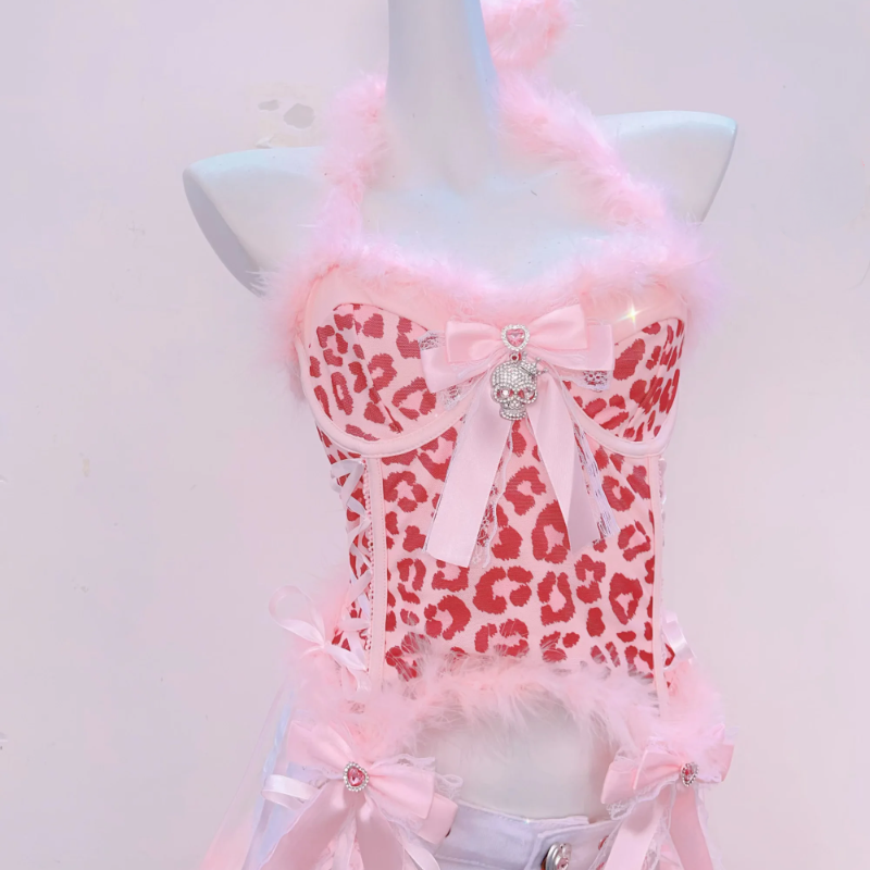 Leopard print bowknot halter fluffy backless top  | Cheetah Print Top  | Festival Outfits Women