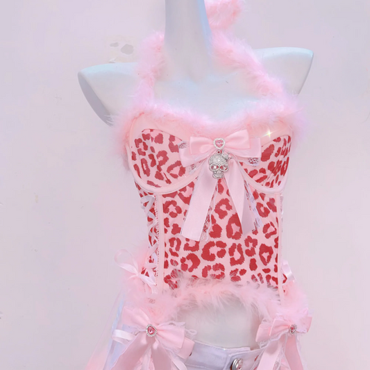 Leopard print bowknot halter fluffy backless top  | Cheetah Print Top  | Festival Outfits Women