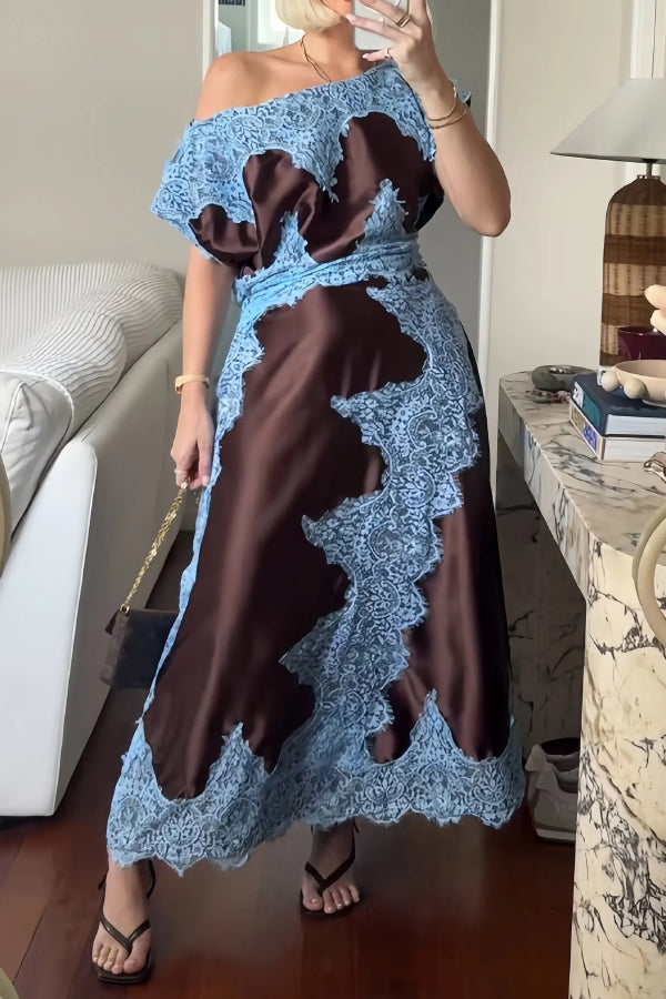 Fashionable Satin Lace Patchwork Asymmetrical Neckline and Fitted Waist Maxi Dress