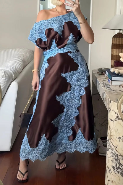 Fashionable Satin Lace Patchwork Asymmetrical Neckline and Fitted Waist Maxi Dress