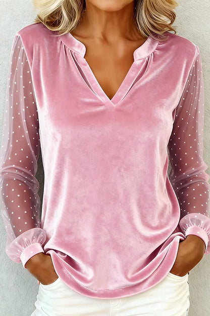Solid Color Velvet Patchwork Sheer Long-sleeved Casual V-neck Top