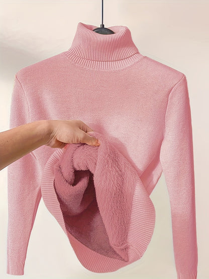 Elegante jersey de cuello alto de color liso para mujer con forro polar | Ideal para otoño/invierno