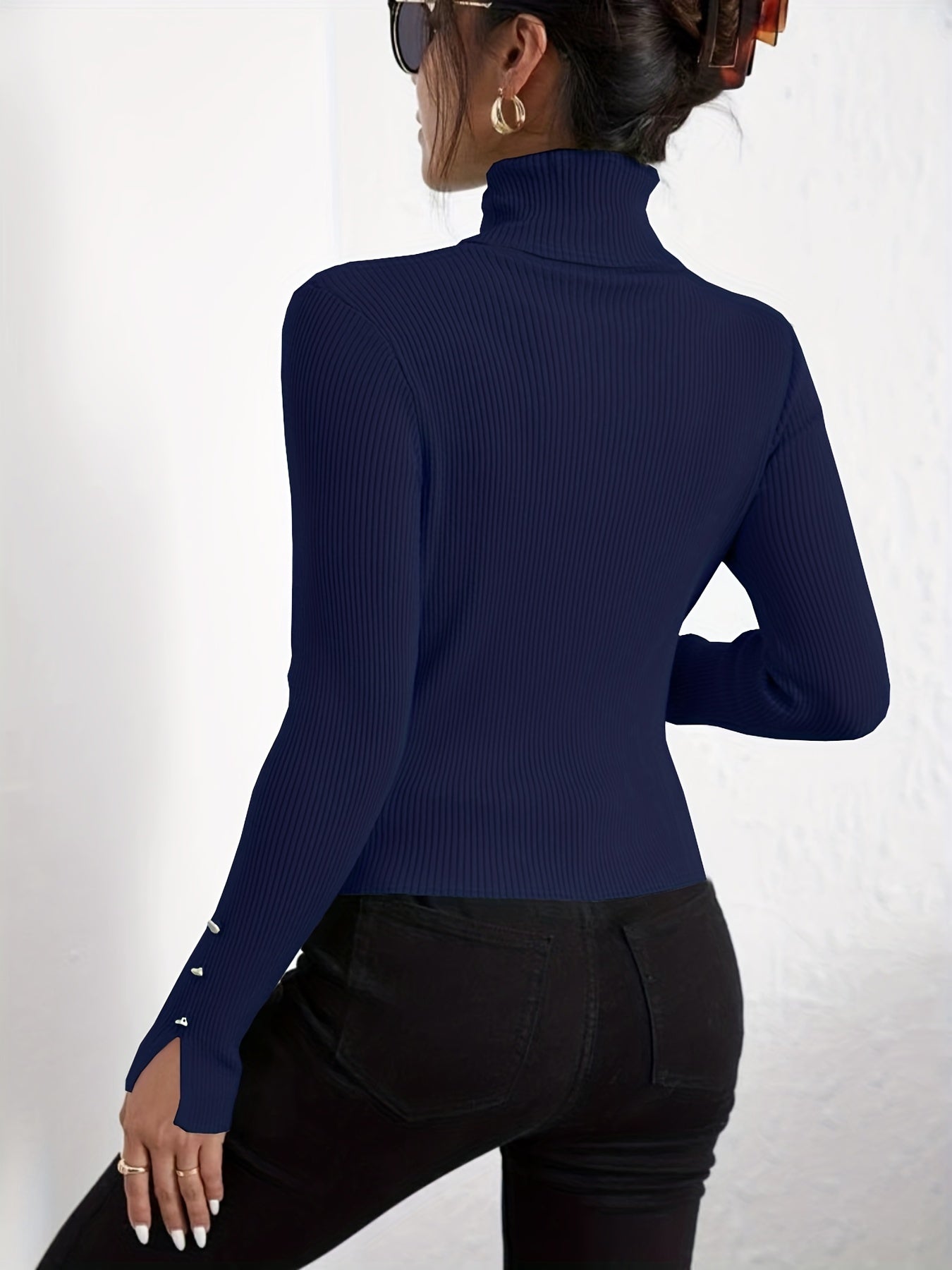 Suéter moderno de cuello alto ajustado en color liso con botones para mujer | Ideal para otoño/invierno