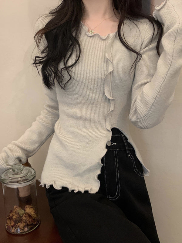 Irregular design ruffled hem sweater