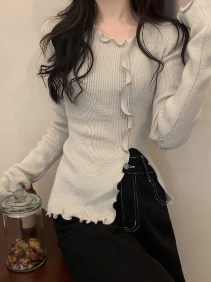 Irregular design ruffled hem sweater