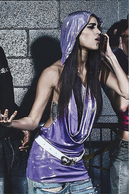 Faux Leather Shiny Hooded Backless Mini Dress